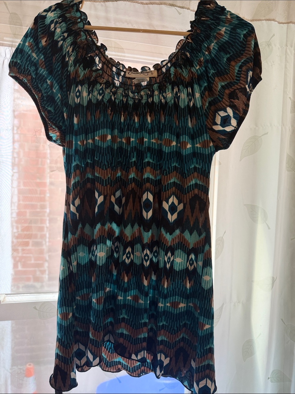 Claudia Richard Teal & Brown Pleated Short-Sleeve Tunic